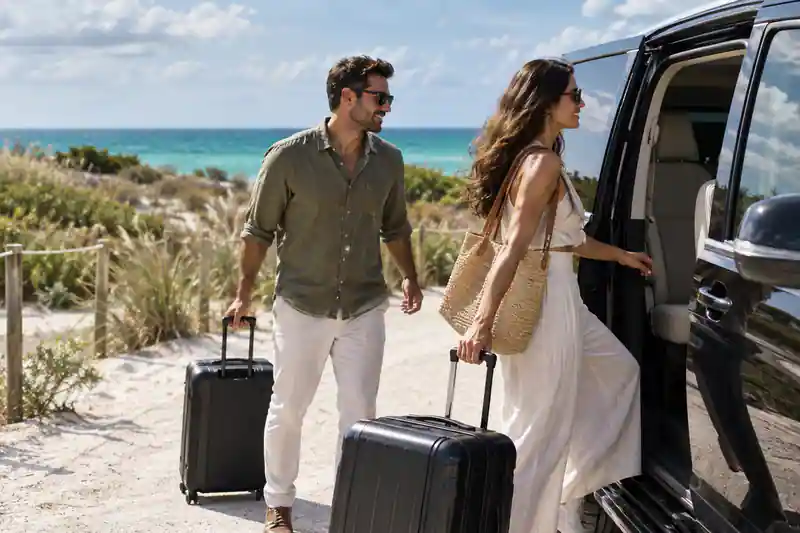 Illustration of a private transfer arrival toward Playa Mujeres