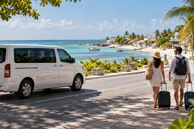 Illustration of a private transfer arrival toward Puerto Morelos