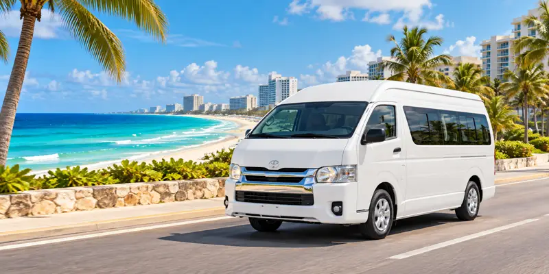Illustration of a private white van beside the Cancun coast