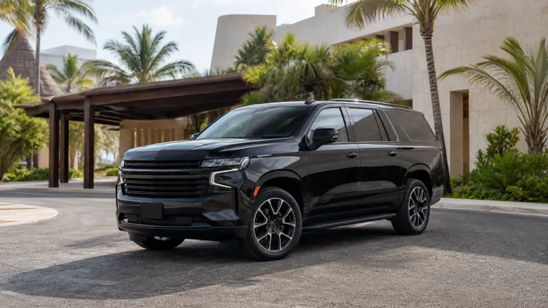 SUV negra de lujo para transportación privada desde el Aeropuerto de Cancún
